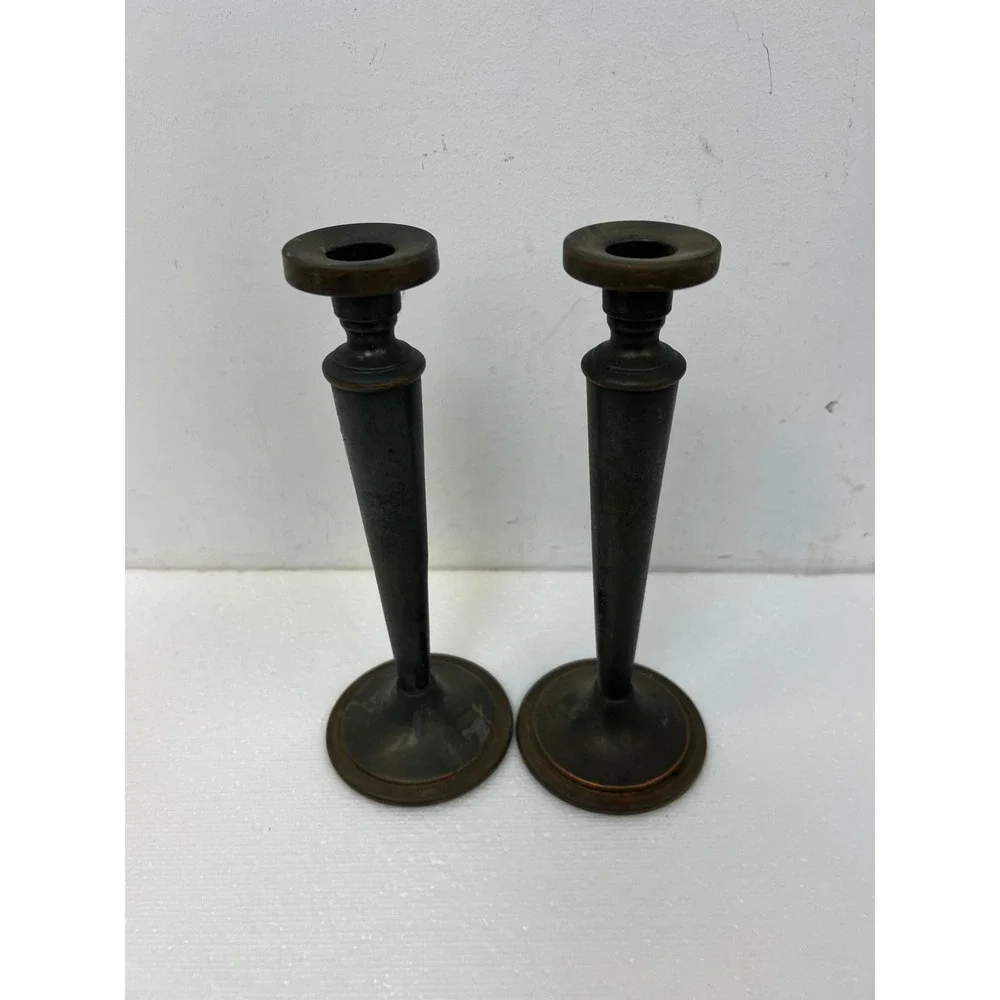 Vintage Arts & Crafts Metal Candlestick Holders Pair Tapered 9